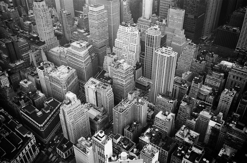 A stunning black and white aerial shot capturing the iconic New York City skyline's intricate architecture.